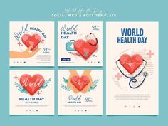 social media post templates for world health day with heart and stethoscope