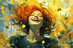 a woman with red hair is laughing and confetti falling around her head in the air