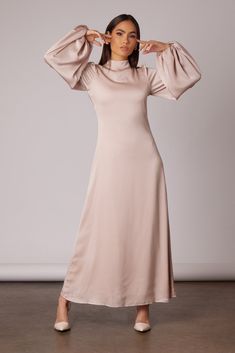 Razan Satin Balloon Sleeve Maxi Dress- Sandrift - Zahraa The Label Large Balloons, Sleeve Maxi Dress, Maxi Dress With Sleeves, Fall Collections, Balloon Sleeves, High Neckline, Satin Fabric, High Neck Dress, Short Sleeve Dresses