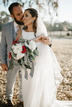 a bride and groom pose for a wedding photo