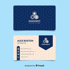 two business cards with hexagonals on the front and back, both in blue