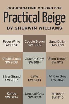 Practical Beige SW 6100 Coordinating Colors by Sherwin-Williams Double Latte Sherwin Williams, Silver Strand Coordinating Colors, Austere Gray, Unusual Gray, Brown Paint Colors, Color Combinations Paint, Colour Pallets, House Color Palettes, Silver Strand