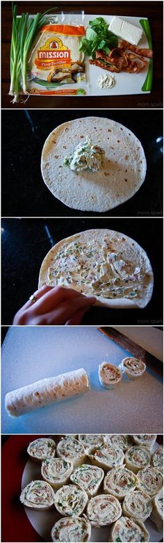 the process of making tortilla wraps is shown in three different stages, including being rolled up and ready to be baked