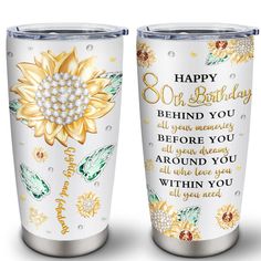 two personalized tumblers with the words happy birthday and sunflowers on them