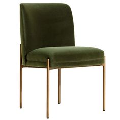 an upholstered green chair with wooden legs and arm rests on a white background