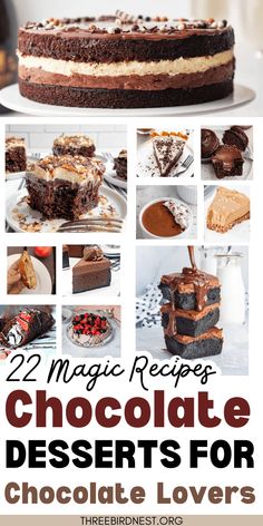 chocolate desserts with text overlay that reads, 22 magic recipes chocolate desserts for chocolate lovers