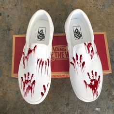 These custom slip on Vans will be sure to leave a mark! We buy each pair of shoes BRAND NEW. Each pair is made to order, please make sure you put in the correct shoe size before you check out. The ink is permanent and will never come off, fade away, or peel off. Made in the USA. This price includes everything: shoes and artwork. Please know your size before ordering. Note: Blvd Custom is in no way affiliated with any of the shoe brands or companies that are featured on our website. Each pair of Vans Customized, Custom Slip On Vans, Vans Design, Hand Painted Vans, Custom Vans Shoes, Painted Vans, Halloween Shoes, Shoes Diy, Print Shoes