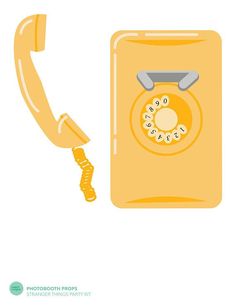 an old fashioned phone is next to a yellow telephone receiver that has the letter f on it