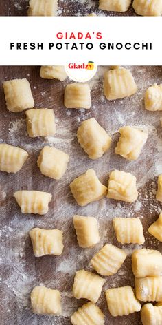 fresh potato gnocchi on a baking sheet with text overlay that reads gada's fresh potato gnocchi