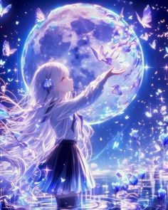 a girl with long white hair holding a butterfly in front of a full moon and water