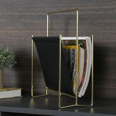 a magazine rack on top of a shelf next to a potted plant and books