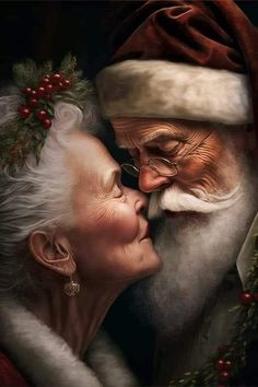 a painting of santa and mrs claus kissing each other