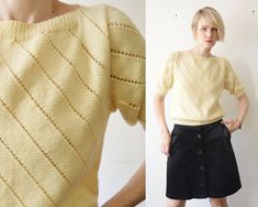 "Free shipping worldwide! Pale yellow most likely hand knit sweater with diagonal openwork pattern and boat neck. Features ribbed hems, half sleeves. Brand: seems to be handknit Material: could be acrylic or blend Size: estimated M/L Condition: great vintage condition Measurements Length - 58 cm/22.8\" Shoulder to shoulder - 37 cm/14.6\" Pit to pit - 50 cm/19.7\" Hem circumference - 72 cm/28.3\"  Questions are always welcome!" Banana Yellow, Hand Knit Sweater, Hand Knitted Sweaters, Measurement Length, Pale Yellow, Boat Neck, Half Sleeves, Sweater Outfits, Hand Knitting