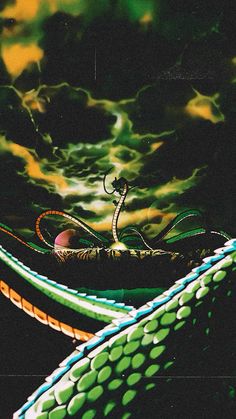 an artistic photo of green and yellow snakes in the air with dark clouds above them