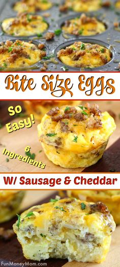 an egg muffin with sausage and cheddar on top is shown in three different pictures