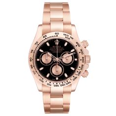 Rolex Daytona Black Dial Rose Gold Mens Watch 116505 Box Card. Officially certified chronometer automatic self-winding movement. 18k everose gold case 40.0 mm in diameter. Special screw-down push buttons. Screw-down caseback. Chronograph pushers and crown with guards. 18k rose gold bezel calibrated for 400 units. Scratch resistant sapphire crystal. Black dial with raised luminous hands and hour makers. 3 engine turned subdials -- 12 hours, 30 minutes, and constant seconds. Outer minute and 1/5 s Classic Rose Gold Chronograph Watch As Gift, Formal Rose Gold Chronograph Watch With Subdials, Formal Rose Gold Watch Accessories With Tachymeter, Timeless Rose Gold Chronograph Watch With Chronometer, Formal Rose Gold Watch With Tachymeter, Elegant Rose Gold Chronograph Watch With Tachymeter, Classic Rose Gold Chronograph Watch With Tachymeter, Automatic Chronograph Watch In Rose Gold With Round Dial, Rose Gold Chronograph Watch With Tachymeter