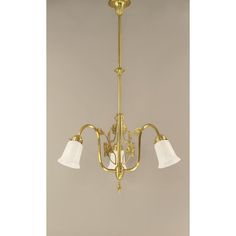 an antique brass chandelier with three white glass shades hanging from it's arms