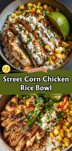 two bowls filled with rice, corn and chicken next to a lime on the side