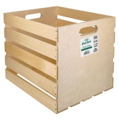 a wooden crate with a label on the front and bottom part that says, wood pallet