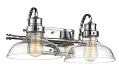 two light bathroom fixture in chrome finish with clear glass shades on the sides and arms