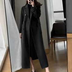 Dark Academia Belted Long Coat Fall Fashion Korean, Long Wool Coat Women, Mode Mantel, Womens Black Coat, Black Clothes, Coat Women Fashion, Winter Trench Coat, Wool Coat Women, Long Coat Women