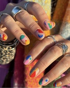 Fun Colorful Nails Short, Simply Nails Ideas Short, Abstract Rainbow Nails, Short Nail Designs Gel Simple Art Ideas, Simple Funky Nail Designs, Easy Colorful Nails, Queer Manicure, Neon Short Nails Designs, Abstract Colorful Nails