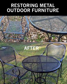 an outdoor table and chairs are shown before and after remodeling with metal furniture