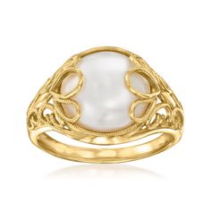 Ross-Simons - 11.5-12mm Cultured Mabe Pearl Milgrain Ring Over Sterling. Size 5. Acquire an ornamental statement for a very nice price! Our beautiful ring spotlights a grand 11.5-12mm cultured mabe pearl overlaid with an artful openwork design with milgrain details in polished 18kt yellow gold over sterling silver. 1/2" wide. White pearl ring. Pearl birthstones are the perfect gift for June birthdays. Pearl Rings Vintage, White Pearl Ring, Milgrain Ring, Pearl Birthstone, Ring Pearl, Mabe Pearl, Pearl Types, Beautiful Ring, Natural Pearls