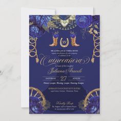 a royal blue and gold wedding card with boots, roses and horseshoes on it