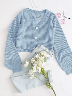 Mode Pastel, Shein Outfits, Y2k Outfits, Blue Outfit, Teenage Fashion Outfits, Cropped Cardigan, Teen Fashion Outfits