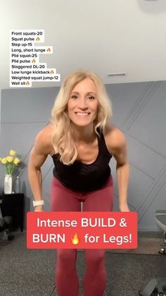 a woman in red tights and black top holding a sign with the words intense build & burn for legs