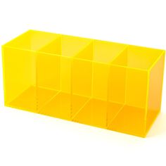 a yellow plastic shelf with six sections on each side and one section in the middle