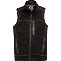 From days in the workshop to a casual day out on the town, the KUHL Burr Vest offers us functional durability and a stylish look. Made from a washed cotton canvas, the Burr vest features a rugged look and was put through a double patina dye process that will fade with use. Two zippered hand pockets, a zippered chest pocket, and an internal zippered security pocket give us a place to safely keep all our essentials, and a full-zip design with a raised collar provide increased coverage and Cotton Vest Outerwear For Outdoor, Cotton Vest For Outdoor Wear, Casual Stonewashed Cotton Outerwear, Black Cotton Utility Vest, Brown Cotton Vest For Outdoor, Brown Cotton Vest For Outdoor Activities, Brown Cotton Vest For Outdoor Use, Urban Cotton Vest For Outdoor Activities, Washed Cotton Denim Vest For Streetwear