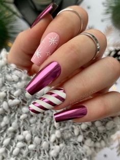 Hot pink chrome winter nails Red And White Nails, Holiday Nails Christmas, Christmas Gel Nails, Her Nails