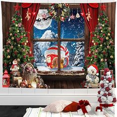 a christmas window scene with santa claus and his sleigh