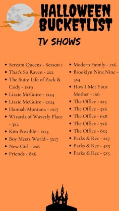 the halloween bucket list for tv shows on an orange background with black and white lettering