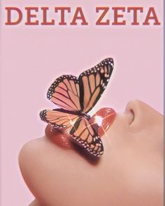 a woman's face with two butterflies on her head and the words delta zeta above it