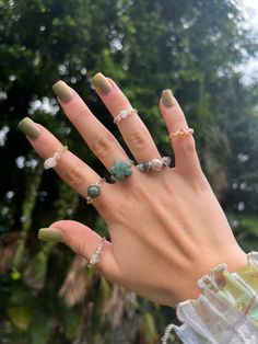 These rings would be a perfect gift to give a special someone or to get for yourself. The chain base keeps the rings from pinching or aggravating skin. Handmade Crystal Rings: Each ring is enchanted with the intention of the crystal used. 🫧Every order comes with a goodie bag full of an assortment of hippie items!🫧 Each handmade ring has the same color scheme and the same beads as pictured.    It's made using Sterling Silver Wire or 14K Gold Plated Wire and each piece is made with ethnically so Hand Wrapped Toe Ring Jewelry For Gifts, Green Stackable Midi Rings As A Gift, Personalized Green Ring Jewelry, Green Stackable Midi Rings As Gift, Rose Gold Hand Wrapped Ring As Gift, Hand Wrapped Open Ring Jewelry For Gifts, Hand Wrapped Rose Gold Ring Gift, Hand Wrapped Green Ring For Gift, Gift Stackable Rose Gold Chain Ring