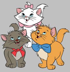 three cartoon cats standing next to each other with one cat wearing a blue bow tie