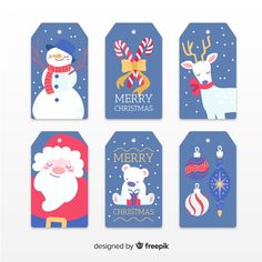 four christmas tags with santa claus, reindeer and snowman on them in flat design