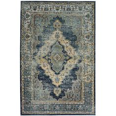 a blue and beige rug with an ornate design