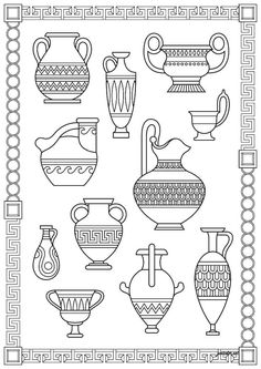 a black and white drawing of vases with greek ornament designs on them