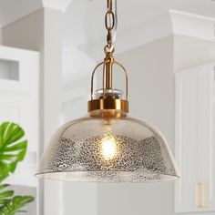 a light fixture hanging from a ceiling in a room with white cabinets and green plants