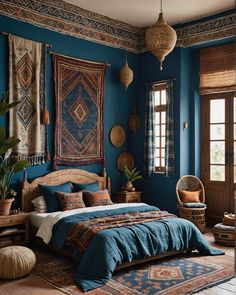 a bedroom with blue walls and rugs on the floor