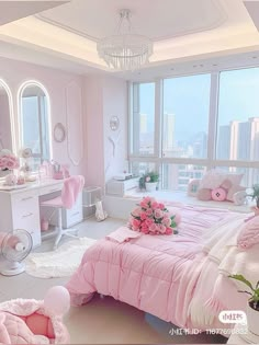 a bedroom decorated in pink and white with flowers on the bed, dressers, mirror, and desk