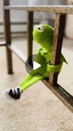 the kermie frog is sitting on a bench