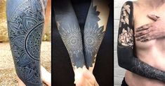 three different images of tattoos on the legs and arms, one is black with white flowers