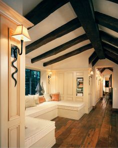 the inside of a house with white furniture and wood beams on the ceiling is instagramted to pin by lynda pole on home