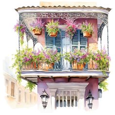 a painting of a balcony with flowers and potted plants on the balconies