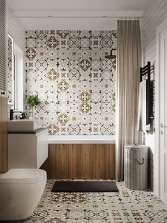 a white toilet sitting next to a bath tub in a bathroom under a window with curtains